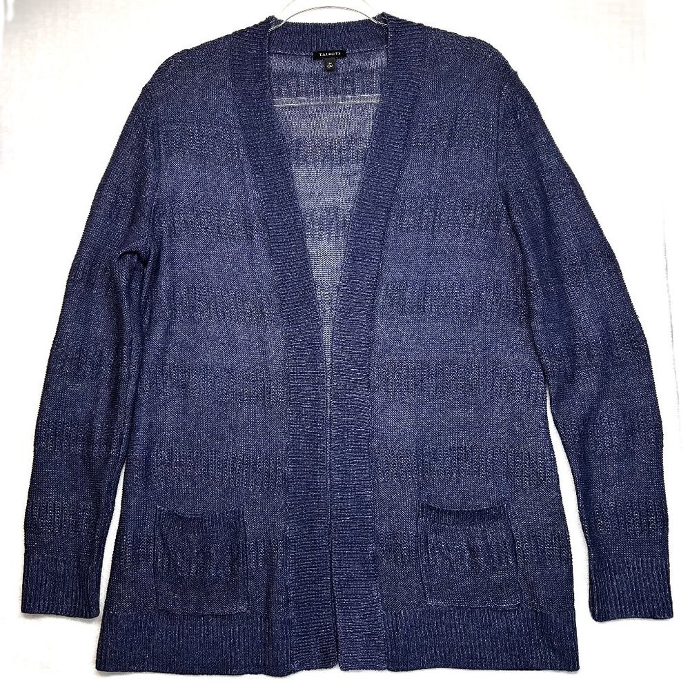Talbots Sweater Woman's Medium Blue Linen Open Pockets Stretch Rib‎ Hem Cuff